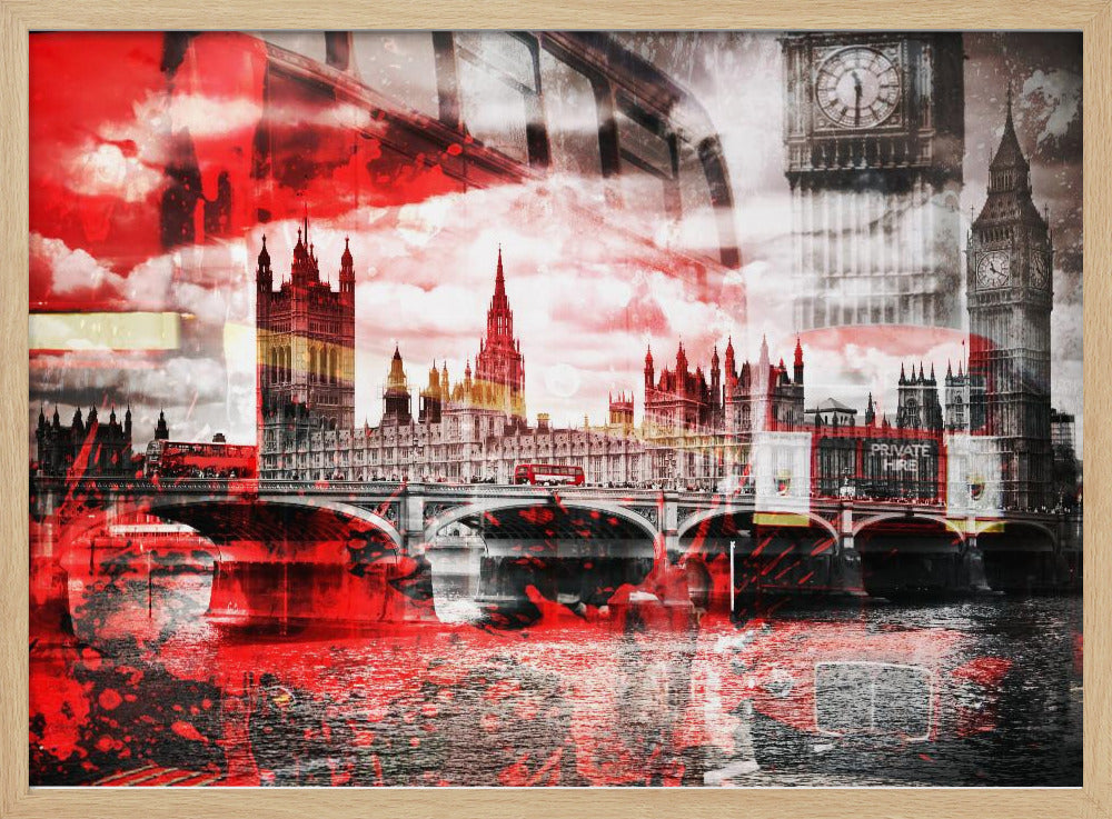 A modern abstract artwork of the London skyline featuring the Houses of Parliament and Big Ben in black and white, overlaid with bold, splashy strokes of bright red. The dramatic red is most prominent in the sky and reflected in the River Thames, creating a stark contrast. A classic red double-decker bus can be seen crossing Westminster Bridge. Decor