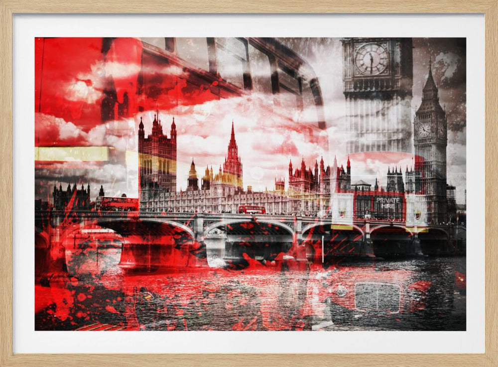 A modern abstract artwork of the London skyline featuring the Houses of Parliament and Big Ben in black and white, overlaid with bold, splashy strokes of bright red. The dramatic red is most prominent in the sky and reflected in the River Thames, creating a stark contrast. A classic red double-decker bus can be seen crossing Westminster Bridge. Decor