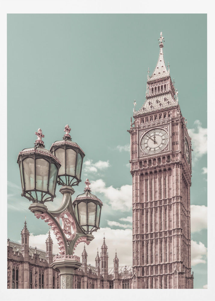 A stylized, low-angle photograph of Big Ben in London, with an ornate Victorian lamppost in the foreground. The image is color-graded with a pale teal sky and pink-toned architecture, creating a vintage, dreamy aesthetic. Wall Art