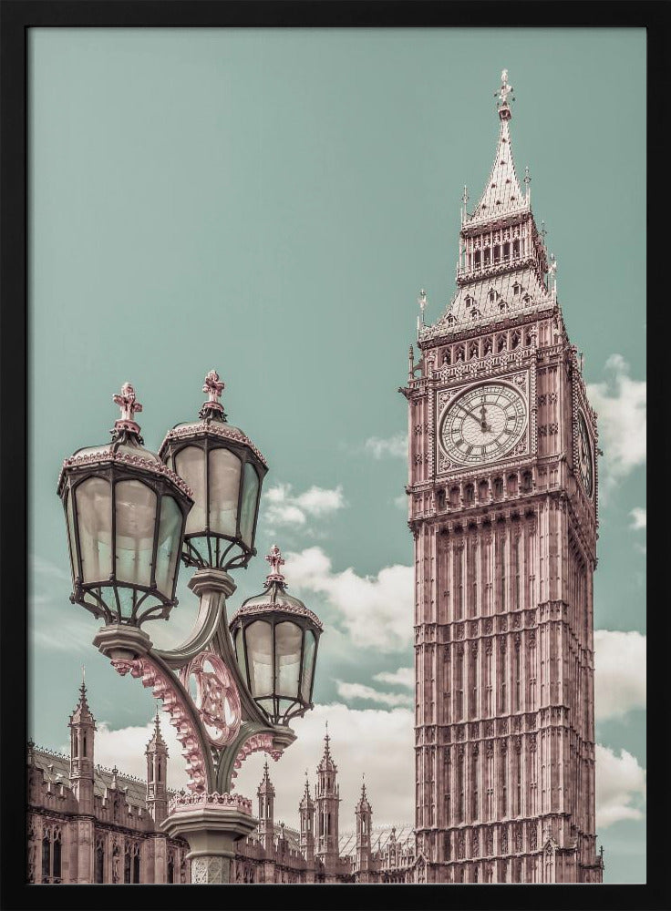 A stylized, low-angle photograph of Big Ben in London, with an ornate Victorian lamppost in the foreground. The image is color-graded with a pale teal sky and pink-toned architecture, creating a vintage, dreamy aesthetic. Wall Art