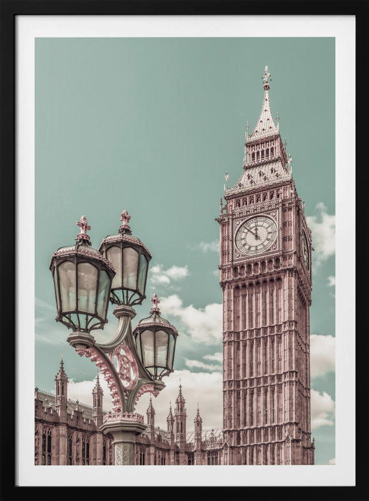 A stylized, low-angle photograph of Big Ben in London, with an ornate Victorian lamppost in the foreground. The image is color-graded with a pale teal sky and pink-toned architecture, creating a vintage, dreamy aesthetic. Wall Art