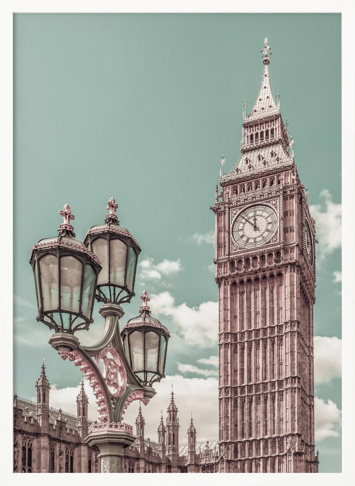 A stylized, low-angle photograph of Big Ben in London, with an ornate Victorian lamppost in the foreground. The image is color-graded with a pale teal sky and pink-toned architecture, creating a vintage, dreamy aesthetic. Wall Art