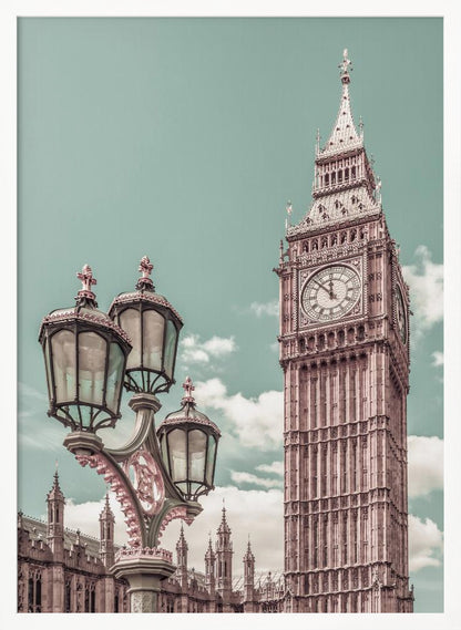 A stylized, low-angle photograph of Big Ben in London, with an ornate Victorian lamppost in the foreground. The image is color-graded with a pale teal sky and pink-toned architecture, creating a vintage, dreamy aesthetic. Wall Art