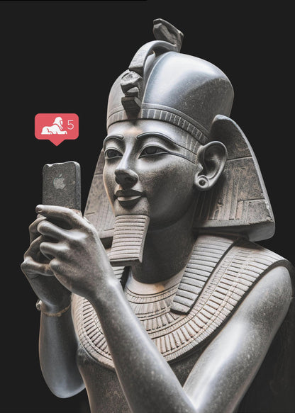 A humorous digital artwork depicting a detailed, dark grey stone bust of an ancient Egyptian pharaoh holding a modern smartphone and looking at it with a slight smile. A red social media notification with a sphinx icon and the number 5 floats next to the phone against a solid black background. Wall Art