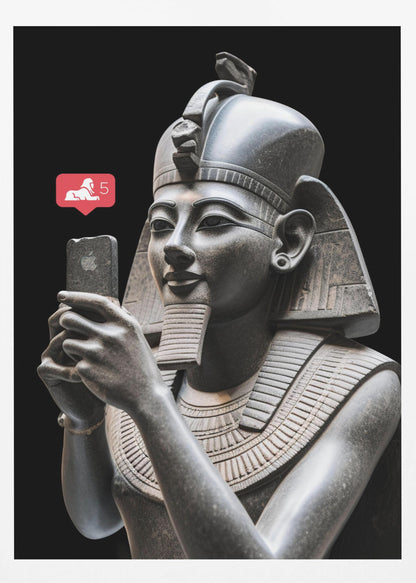 A humorous digital artwork depicting a detailed, dark grey stone bust of an ancient Egyptian pharaoh holding a modern smartphone and looking at it with a slight smile. A red social media notification with a sphinx icon and the number 5 floats next to the phone against a solid black background. Wall Art