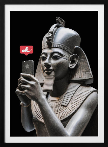 A humorous digital artwork depicting a detailed, dark grey stone bust of an ancient Egyptian pharaoh holding a modern smartphone and looking at it with a slight smile. A red social media notification with a sphinx icon and the number 5 floats next to the phone against a solid black background. Wall Art