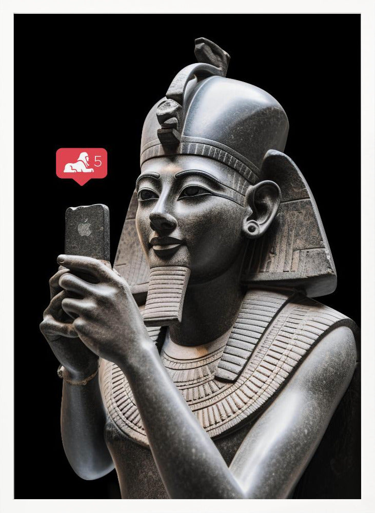 A humorous digital artwork depicting a detailed, dark grey stone bust of an ancient Egyptian pharaoh holding a modern smartphone and looking at it with a slight smile. A red social media notification with a sphinx icon and the number 5 floats next to the phone against a solid black background. Wall Art