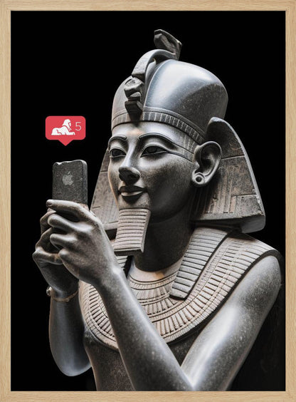 A humorous digital artwork depicting a detailed, dark grey stone bust of an ancient Egyptian pharaoh holding a modern smartphone and looking at it with a slight smile. A red social media notification with a sphinx icon and the number 5 floats next to the phone against a solid black background. Wall Art