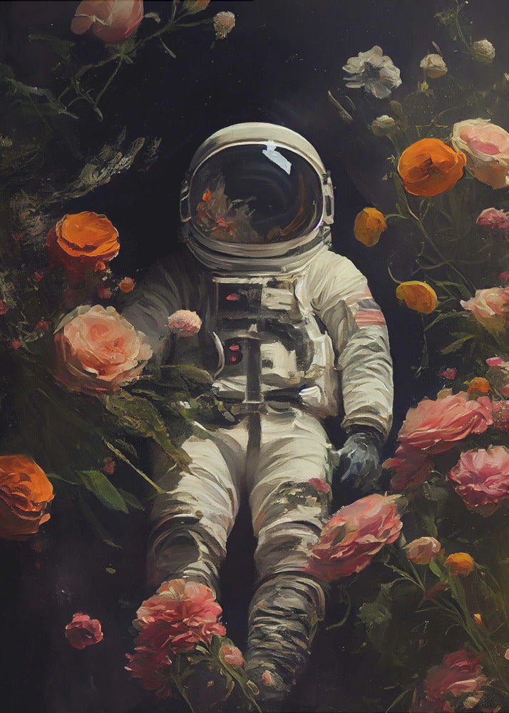 A painterly artwork of an astronaut in a white spacesuit floating in the dark void of space, surrounded by an abundance of vibrant pink, orange, and white flowers that bloom around them. Wall Art