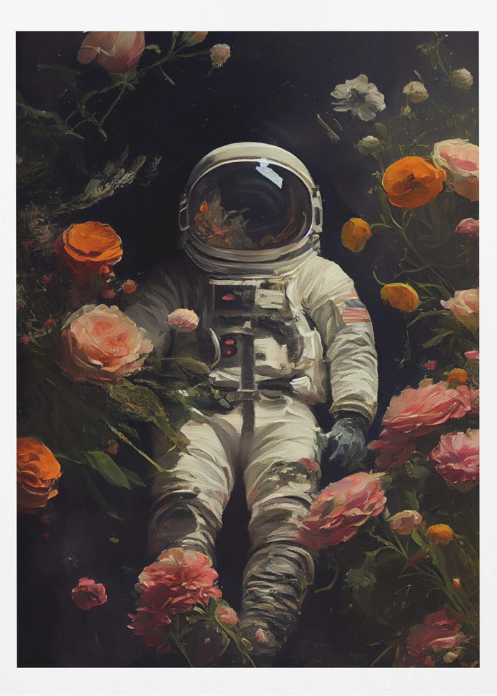 A painterly artwork of an astronaut in a white spacesuit floating in the dark void of space, surrounded by an abundance of vibrant pink, orange, and white flowers that bloom around them. Wall Art