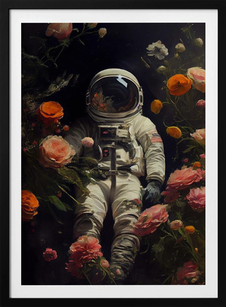 A painterly artwork of an astronaut in a white spacesuit floating in the dark void of space, surrounded by an abundance of vibrant pink, orange, and white flowers that bloom around them. Wall Art