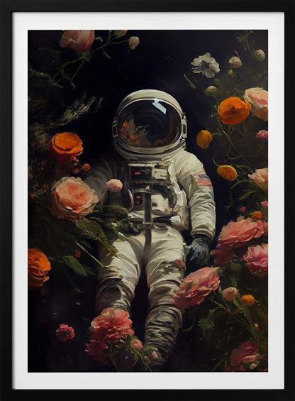 A painterly artwork of an astronaut in a white spacesuit floating in the dark void of space, surrounded by an abundance of vibrant pink, orange, and white flowers that bloom around them. Wall Art