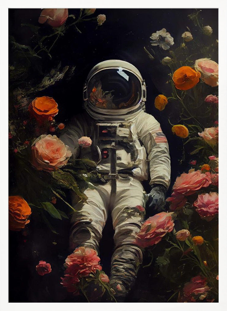 A painterly artwork of an astronaut in a white spacesuit floating in the dark void of space, surrounded by an abundance of vibrant pink, orange, and white flowers that bloom around them. Wall Art