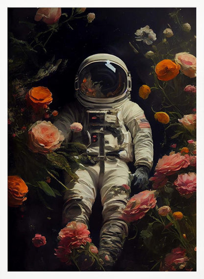 A painterly artwork of an astronaut in a white spacesuit floating in the dark void of space, surrounded by an abundance of vibrant pink, orange, and white flowers that bloom around them. Wall Art