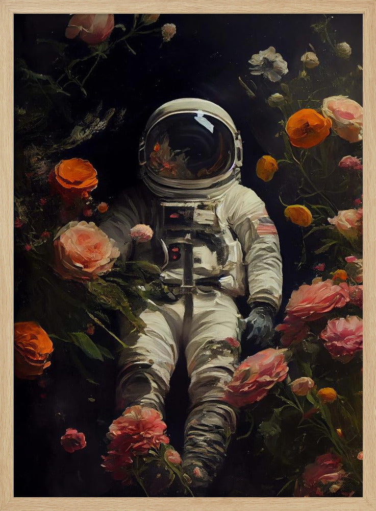 A painterly artwork of an astronaut in a white spacesuit floating in the dark void of space, surrounded by an abundance of vibrant pink, orange, and white flowers that bloom around them. Wall Art