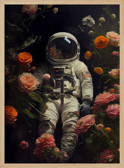 A painterly artwork of an astronaut in a white spacesuit floating in the dark void of space, surrounded by an abundance of vibrant pink, orange, and white flowers that bloom around them. Wall Art