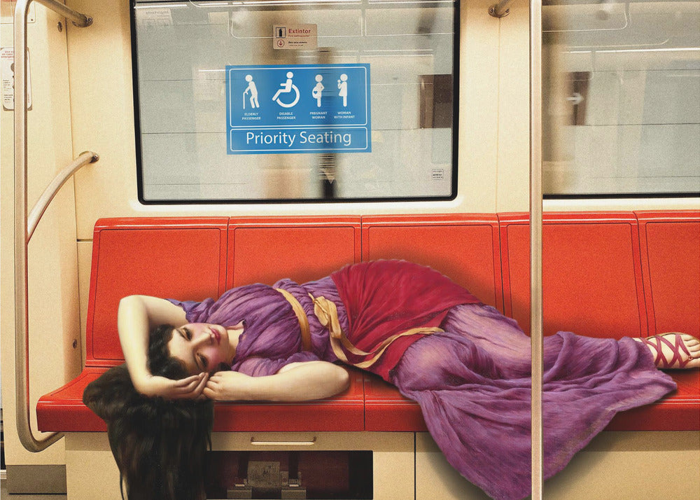 A framed surrealist artwork depicting a woman in a classical purple and red toga sleeping across a row of modern red subway seats. Above her on the window is a blue 'Priority Seating' sign, creating a humorous juxtaposition between ancient and modern life. Artwork