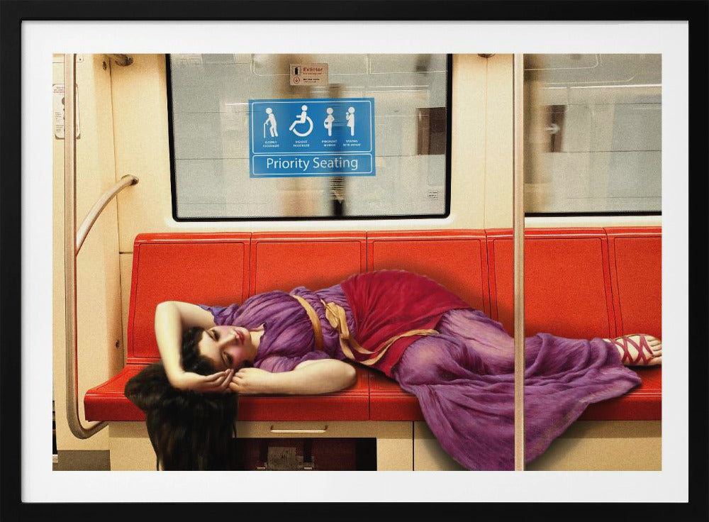 A framed surrealist artwork depicting a woman in a classical purple and red toga sleeping across a row of modern red subway seats. Above her on the window is a blue 'Priority Seating' sign, creating a humorous juxtaposition between ancient and modern life. Artwork