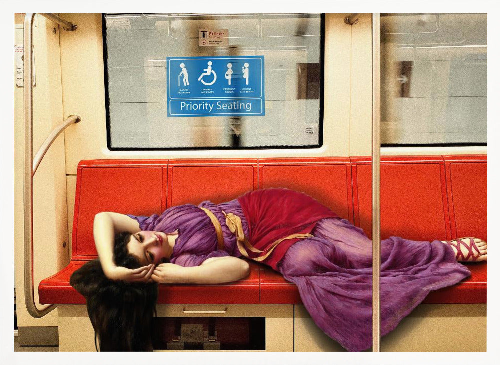 A framed surrealist artwork depicting a woman in a classical purple and red toga sleeping across a row of modern red subway seats. Above her on the window is a blue 'Priority Seating' sign, creating a humorous juxtaposition between ancient and modern life. Artwork
