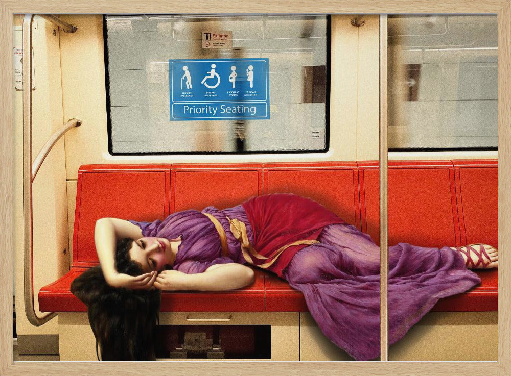 A framed surrealist artwork depicting a woman in a classical purple and red toga sleeping across a row of modern red subway seats. Above her on the window is a blue 'Priority Seating' sign, creating a humorous juxtaposition between ancient and modern life. Artwork