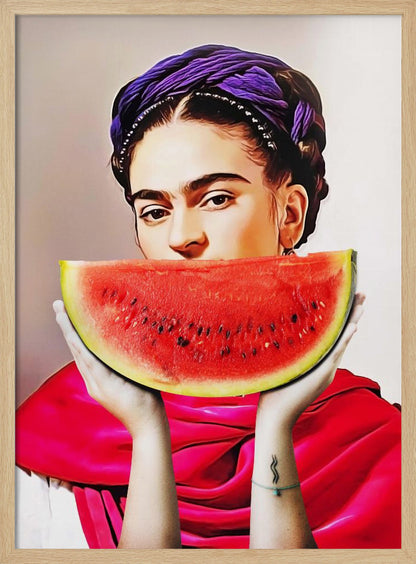 A vibrant, stylized portrait of Frida Kahlo holding a large slice of watermelon up to her mouth. She wears a purple headwrap in her dark braided hair and a bright red shawl, gazing intensely at the viewer over the fruit. Decor