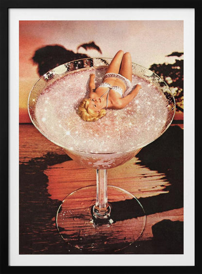 A surreal collage featuring a blonde woman in a white bikini lounging in a giant cocktail glass filled with a sparkling pink liquid, set against a warm sunset over the ocean. Print
