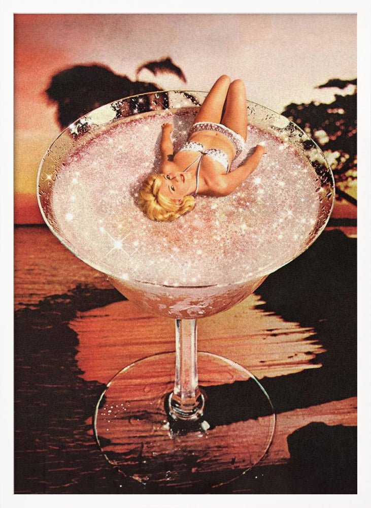 A surreal collage featuring a blonde woman in a white bikini lounging in a giant cocktail glass filled with a sparkling pink liquid, set against a warm sunset over the ocean. Print