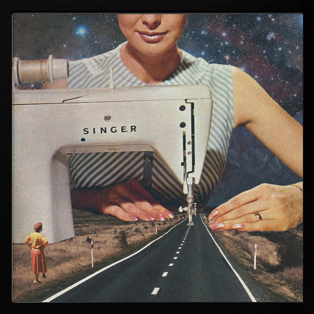 A surreal collage in a light wood frame featuring a giant woman in a striped dress using a vintage Singer sewing machine to stitch the white dashed lines onto an empty road that stretches into the distance. The background behind the woman is a starry galaxy, and a small woman in vintage clothing stands on the side of the road looking on. Print