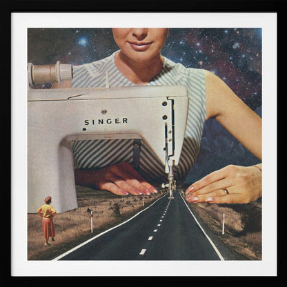 A surreal collage in a light wood frame featuring a giant woman in a striped dress using a vintage Singer sewing machine to stitch the white dashed lines onto an empty road that stretches into the distance. The background behind the woman is a starry galaxy, and a small woman in vintage clothing stands on the side of the road looking on. Print