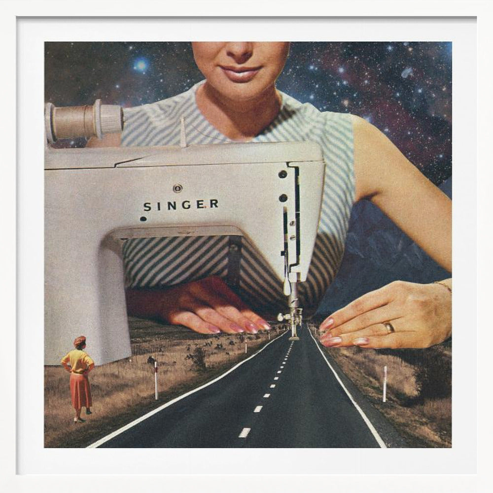 A surreal collage in a light wood frame featuring a giant woman in a striped dress using a vintage Singer sewing machine to stitch the white dashed lines onto an empty road that stretches into the distance. The background behind the woman is a starry galaxy, and a small woman in vintage clothing stands on the side of the road looking on. Print