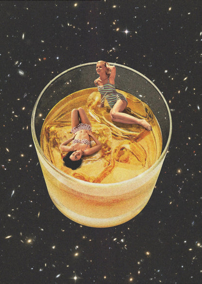 A surreal collage featuring two women in vintage swimsuits lounging in a large glass of golden liquid, floating in the middle of a starry outer space. Decor