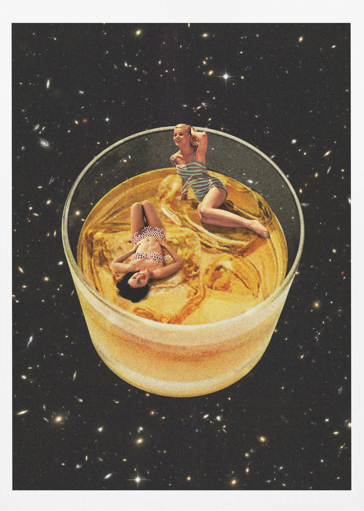 A surreal collage featuring two women in vintage swimsuits lounging in a large glass of golden liquid, floating in the middle of a starry outer space. Decor