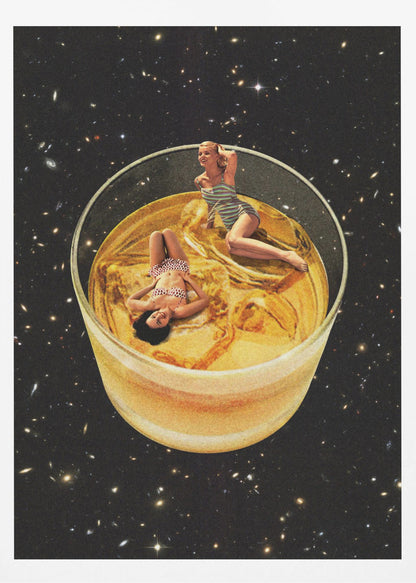 A surreal collage featuring two women in vintage swimsuits lounging in a large glass of golden liquid, floating in the middle of a starry outer space. Decor