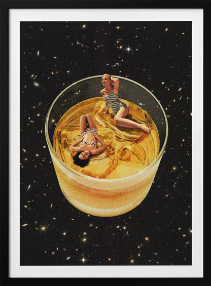 A surreal collage featuring two women in vintage swimsuits lounging in a large glass of golden liquid, floating in the middle of a starry outer space. Decor