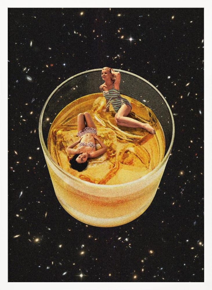A surreal collage featuring two women in vintage swimsuits lounging in a large glass of golden liquid, floating in the middle of a starry outer space. Decor
