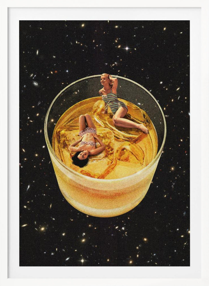 A surreal collage featuring two women in vintage swimsuits lounging in a large glass of golden liquid, floating in the middle of a starry outer space. Decor