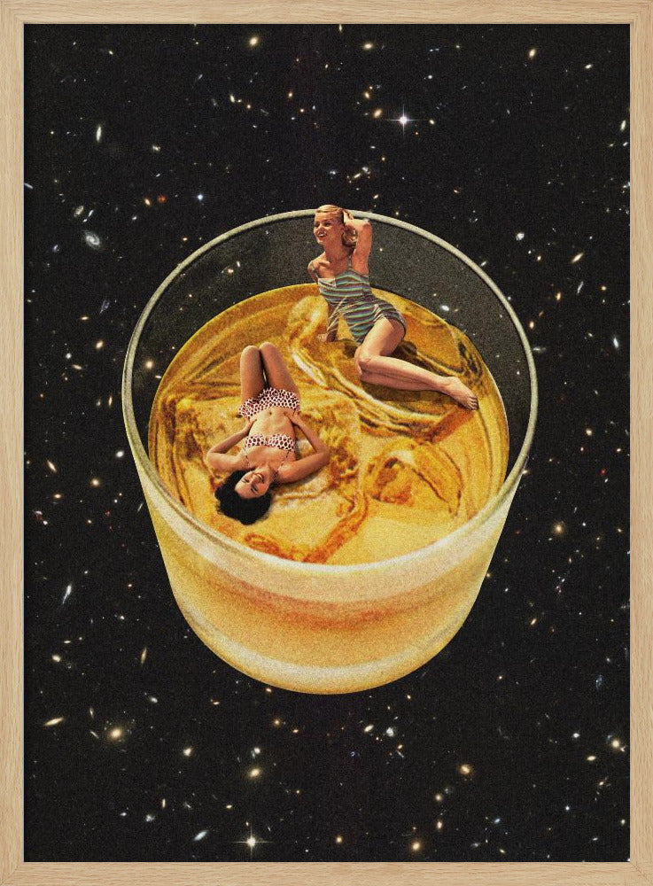 A surreal collage featuring two women in vintage swimsuits lounging in a large glass of golden liquid, floating in the middle of a starry outer space. Decor