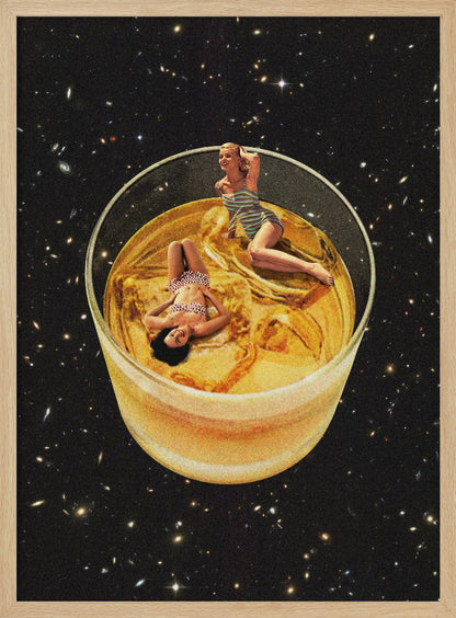 A surreal collage featuring two women in vintage swimsuits lounging in a large glass of golden liquid, floating in the middle of a starry outer space. Decor