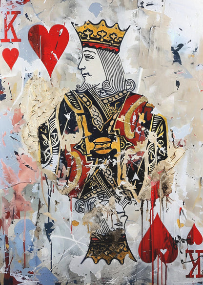 A modern abstract painting featuring the King of Hearts playing card. The artwork has a distressed, layered look with paint splatters, drips, and torn paper effects on a white and beige background. The king figure is centrally located, with red hearts and the letter 'K' in the corners. Artwork