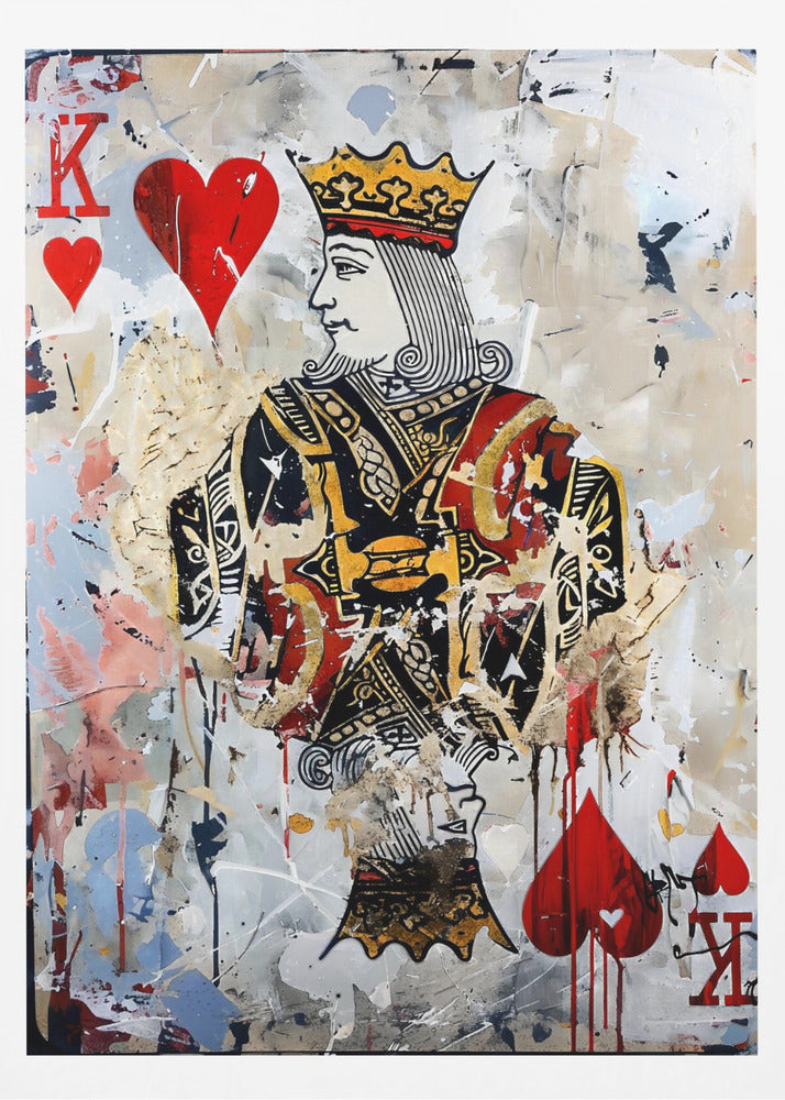 A modern abstract painting featuring the King of Hearts playing card. The artwork has a distressed, layered look with paint splatters, drips, and torn paper effects on a white and beige background. The king figure is centrally located, with red hearts and the letter 'K' in the corners. Artwork