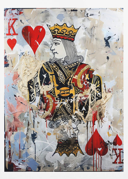A modern abstract painting featuring the King of Hearts playing card. The artwork has a distressed, layered look with paint splatters, drips, and torn paper effects on a white and beige background. The king figure is centrally located, with red hearts and the letter 'K' in the corners. Artwork