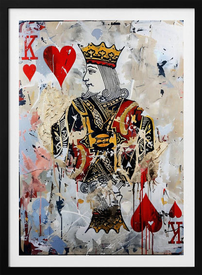 A modern abstract painting featuring the King of Hearts playing card. The artwork has a distressed, layered look with paint splatters, drips, and torn paper effects on a white and beige background. The king figure is centrally located, with red hearts and the letter 'K' in the corners. Artwork