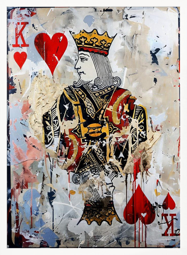 A modern abstract painting featuring the King of Hearts playing card. The artwork has a distressed, layered look with paint splatters, drips, and torn paper effects on a white and beige background. The king figure is centrally located, with red hearts and the letter 'K' in the corners. Artwork