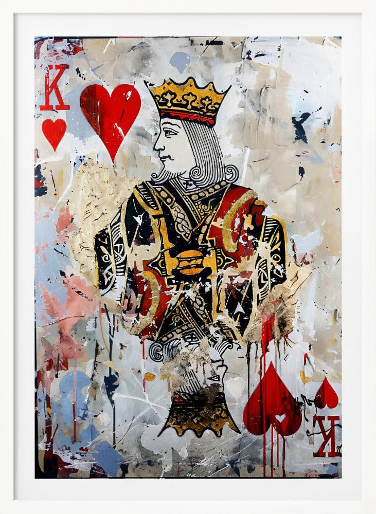 A modern abstract painting featuring the King of Hearts playing card. The artwork has a distressed, layered look with paint splatters, drips, and torn paper effects on a white and beige background. The king figure is centrally located, with red hearts and the letter 'K' in the corners. Artwork