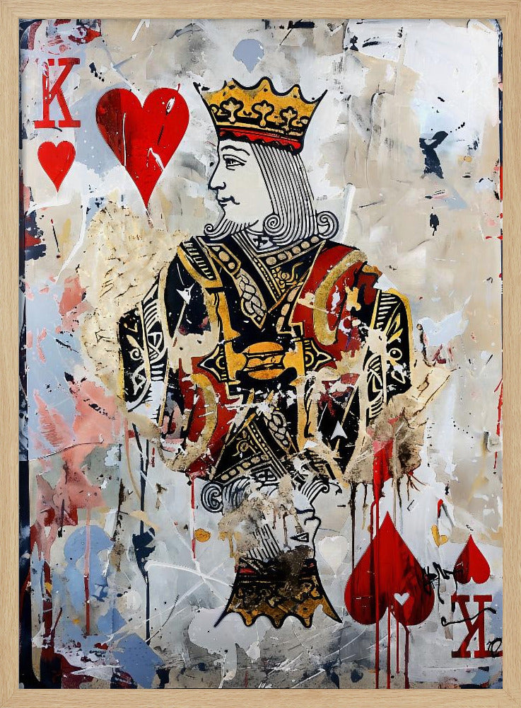 A modern abstract painting featuring the King of Hearts playing card. The artwork has a distressed, layered look with paint splatters, drips, and torn paper effects on a white and beige background. The king figure is centrally located, with red hearts and the letter 'K' in the corners. Artwork