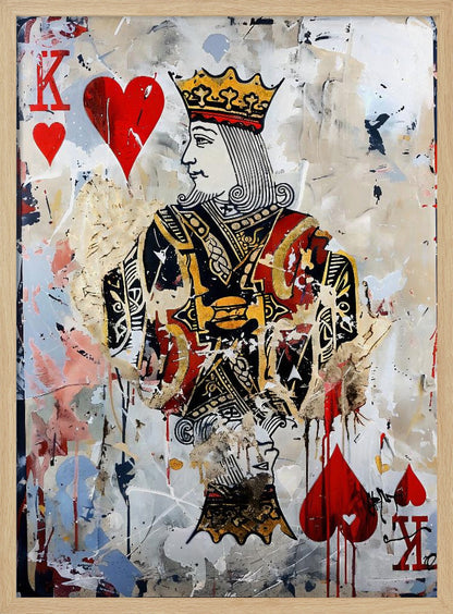 A modern abstract painting featuring the King of Hearts playing card. The artwork has a distressed, layered look with paint splatters, drips, and torn paper effects on a white and beige background. The king figure is centrally located, with red hearts and the letter 'K' in the corners. Artwork