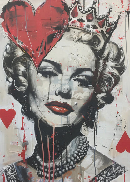 A modern pop art portrait of a glamorous woman, possibly Marilyn Monroe, in a black and white style with bold red accents. She wears a crown, and a large red heart covers one eye. The painting has a street art feel with paint splatters, drips, and stenciled heart suit symbols. Artwork