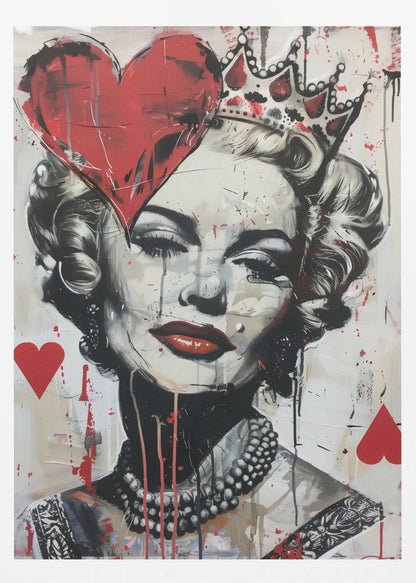 A modern pop art portrait of a glamorous woman, possibly Marilyn Monroe, in a black and white style with bold red accents. She wears a crown, and a large red heart covers one eye. The painting has a street art feel with paint splatters, drips, and stenciled heart suit symbols. Artwork