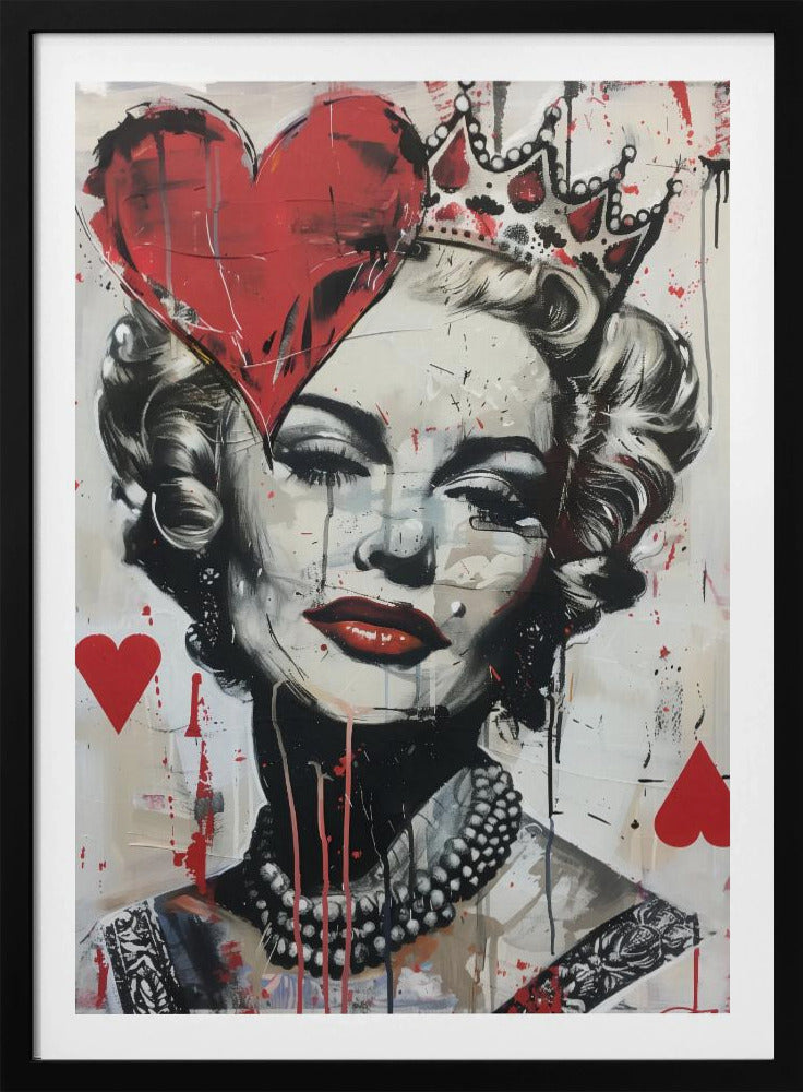 A modern pop art portrait of a glamorous woman, possibly Marilyn Monroe, in a black and white style with bold red accents. She wears a crown, and a large red heart covers one eye. The painting has a street art feel with paint splatters, drips, and stenciled heart suit symbols. Artwork