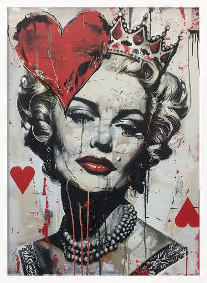 A modern pop art portrait of a glamorous woman, possibly Marilyn Monroe, in a black and white style with bold red accents. She wears a crown, and a large red heart covers one eye. The painting has a street art feel with paint splatters, drips, and stenciled heart suit symbols. Artwork